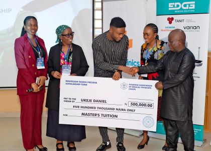Daniel Ukeje, one of the 2025 winners of the Prof. T. A. Fregene Medical Physics Scholarship Award, presented with the award at the NAMP Annual Conference at Enugu, Nov. 2025.